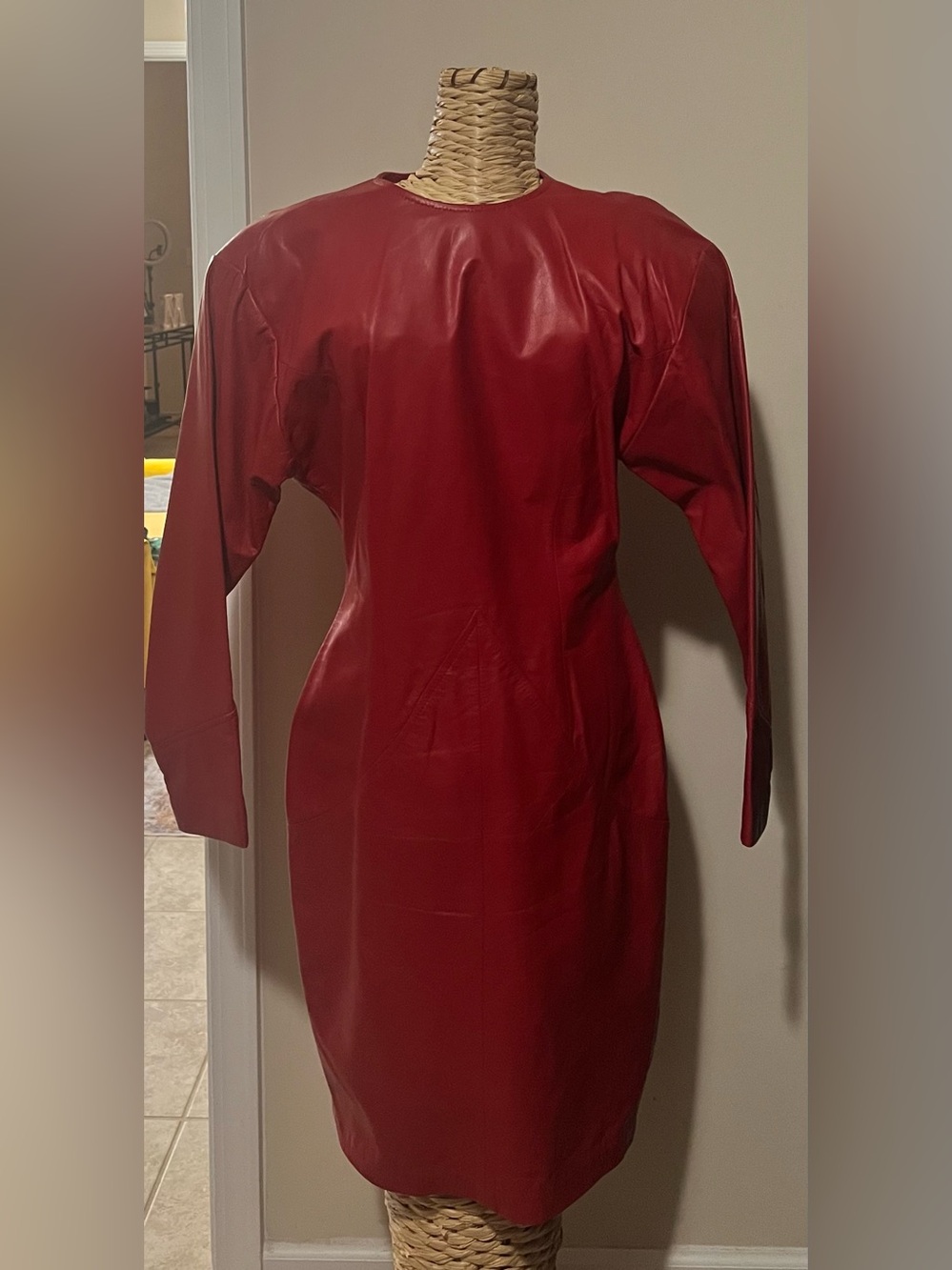 Red Long Sleeve Leather Sheath Dress